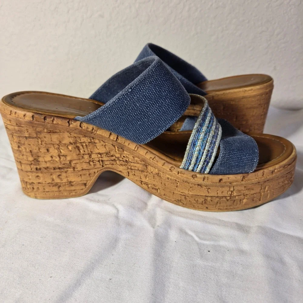 Italian Shoemakers Womens Blue Canvas Cork Platform Wedge Sandals Size 8 Italy